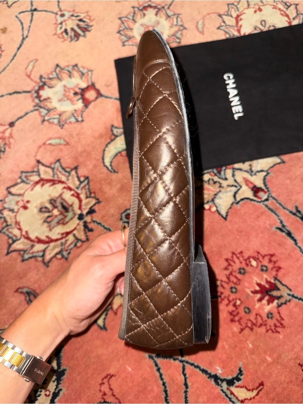 CHANEL Dark Brown Quilted Leather Ballet Flats with CC Bow - Picture 2 of 6